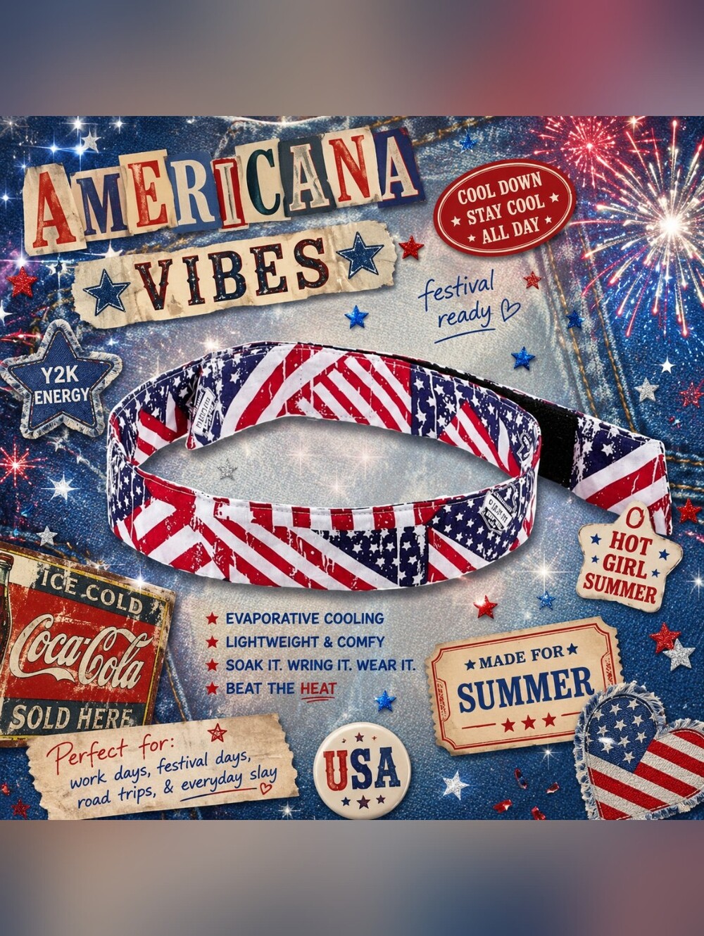 Chill-Its Evaporative Tie Bandana With Polymers Patriotic Flag‎ Print